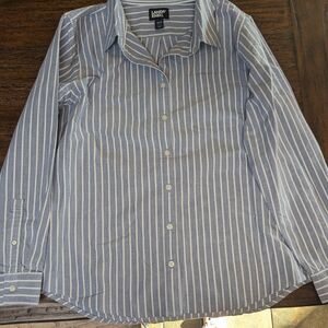 Lands' End Women's Blue and White Striped Button Down Shirt